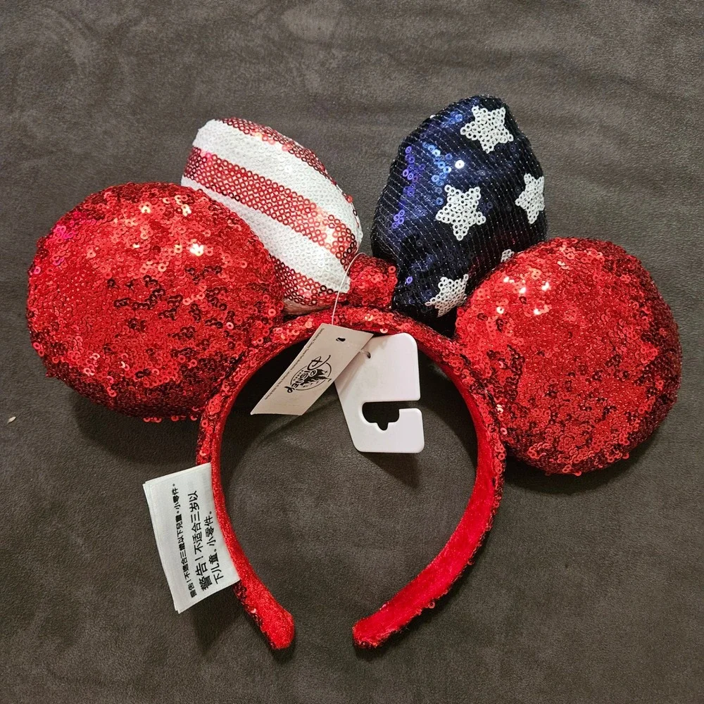 Disney Parks Minnie Mouse Americana Sequin Ears Headband Red White Blue USA Bow
